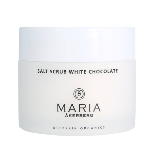 Valkoinen purkki, jossa lukee 'Salt Scrub White Chocolate' Maria Åkerbergiltä, yksinkertainen muotoilu.