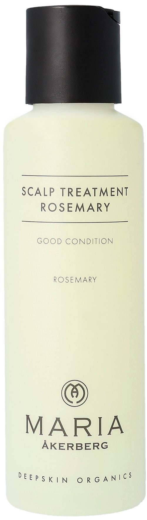 Een witte fles met een zwarte dop, met label 'Scalp Treatment Rosemary' door Maria Akerberg, voor haarverzorging.