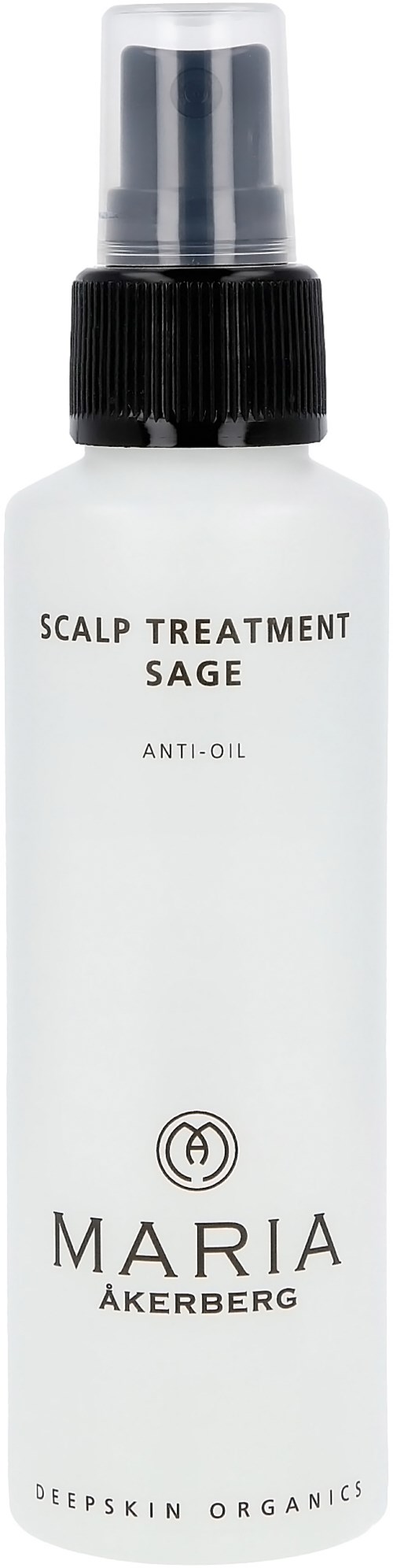 Eine weiße Sprühflasche mit der Aufschrift 'Scalp Treatment Sage' von Maria Åkerberg, gegen fettige Kopfhaut.