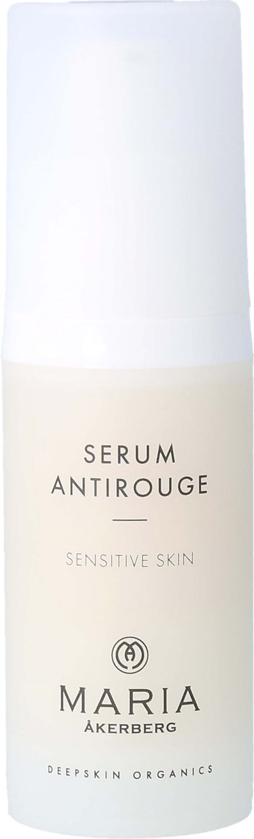 A white skincare bottle labeled 'Serum AntiRouge' for sensitive skin by Maria Åkerberg, Deepskin Organics.