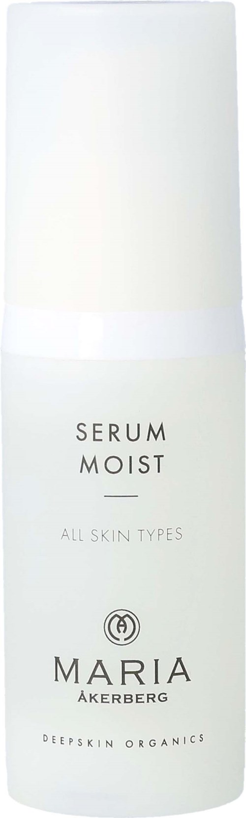 Eine weiße Hautpflegeflasche mit 'Serum Moist'-Aufdruck von Maria Åkerberg, geeignet für alle Hauttypen, mit organischer Marke.