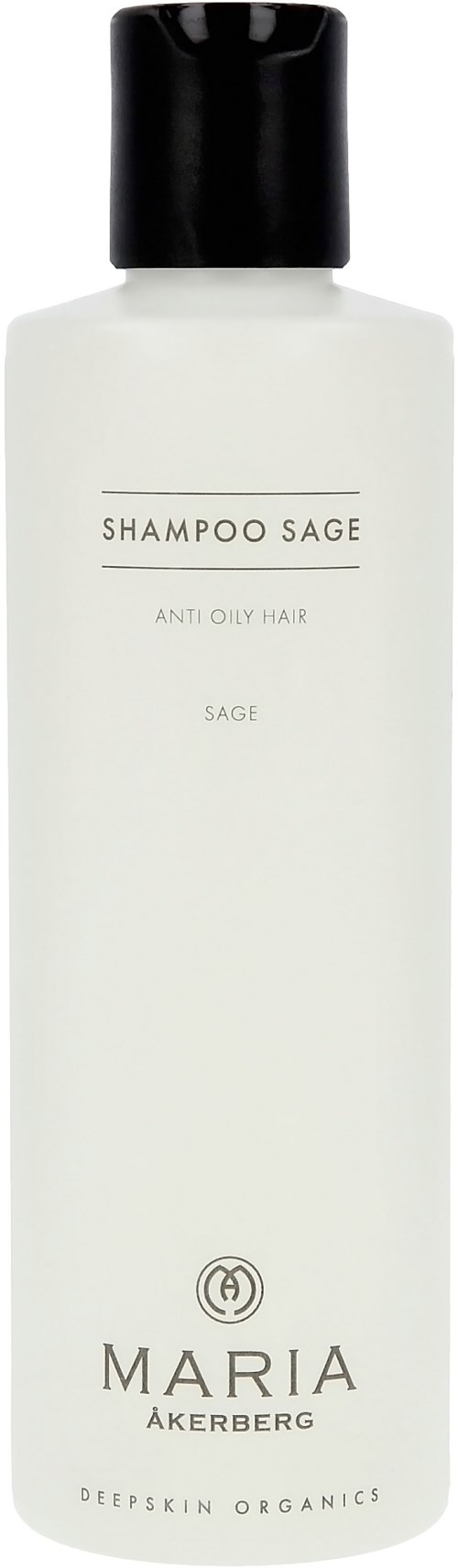Eine weiße Flasche mit schwarzem Deckel, beschriftet mit "Shampoo Sage" und Markenname "Maria Åkerberg". Für anti-Schuppen-Haar.