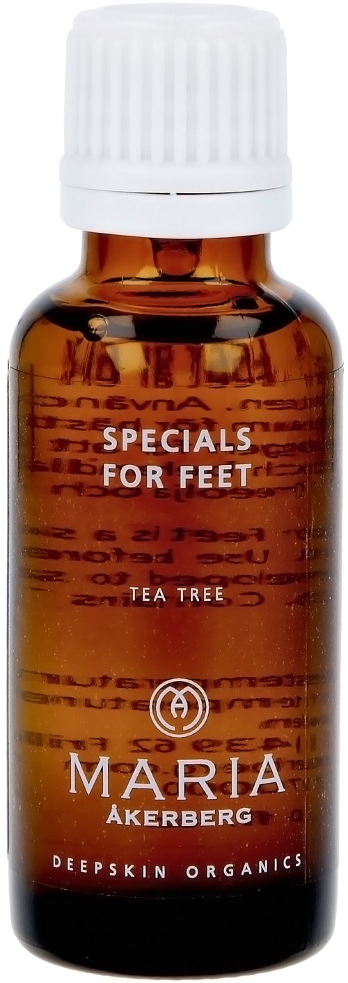 En liten brun flaska med vit topp märkt 'Specials for Feet' och 'Maria Akerberg'.
