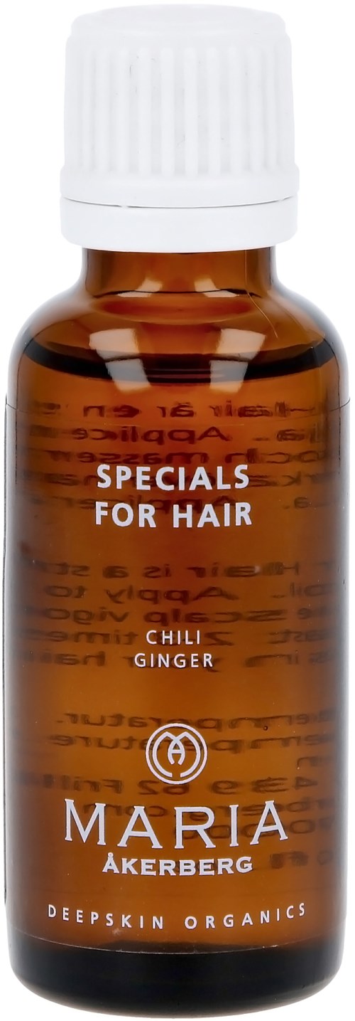 Kleine bruine fles met wit deksel met label 'SPECIALS FOR HAIR: CHILI GINGER' door MARIA AKERBERG, DeepSkin Organics.