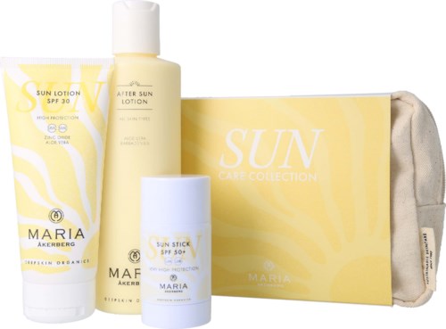 Een set huidverzorgingsproducten met SPF, inclusief lotion, after sun lotion en zonnebrandstick, in geel en wit.