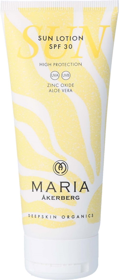 A tube of Maria Åkerberg sun lotion with SPF 30, containing zinc oxide and aloe vera, in yellow and white design.