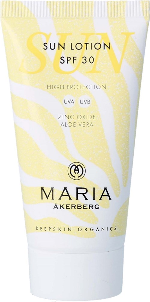 Sun lotion tube with SPF 30, zinc oxide, aloe vera, and high protection from UVA and UVB rays.