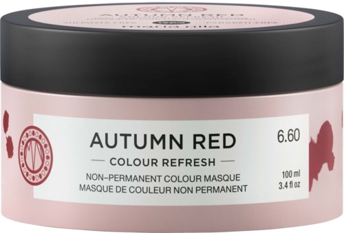 Rosa og svart beholder merket Autumn Red fargefornyelse, midlertidig hårmaske, 100 ml. Har en rød logo.
