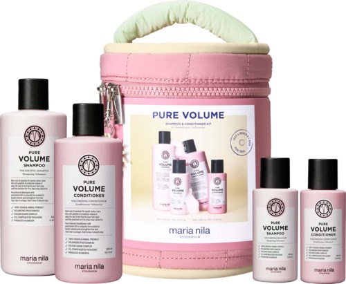 Satz aus rosa und schwarzen Flaschen mit Shampoo und Conditioner, und eine rosa Tragetasche mit Produktbild.