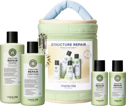 Ein Set mit Haarreparaturflaschen und einer kleinen Tasche mit Haarpflegeprodukten.