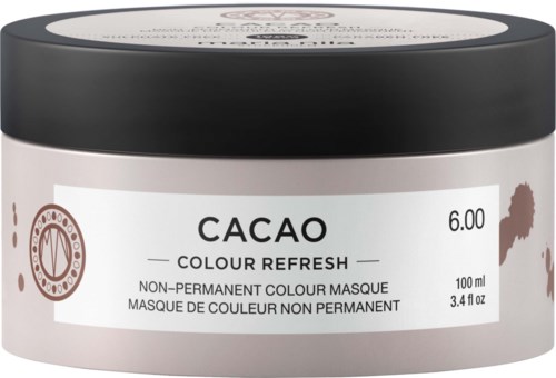 En burk med temporär hårfärg som heter Cacao Colour Refresh, storlek 100 ml, med svart lock och vit etikett.