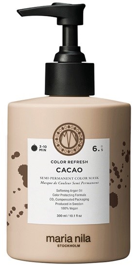 A beige bottle with a black pump and a label showing it is a color refresh cacao product by Maria Nila.