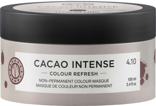 En rund beholder med hårfarge som heter 'Cacao Intense Colour Refresh' med svart lokk, viser produktdetaljer og volum.