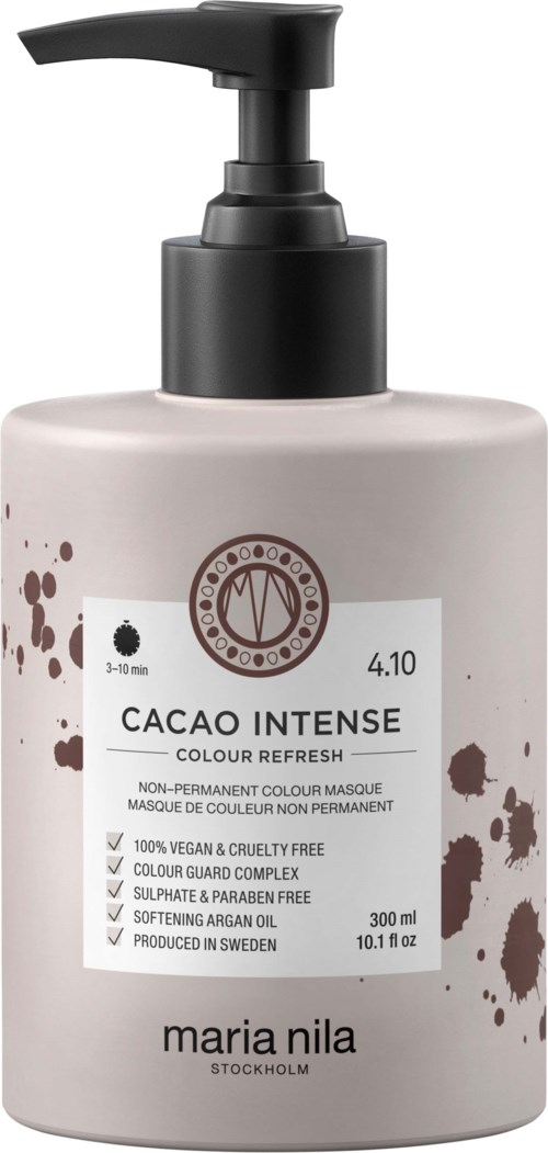 Flasche Maria Nila cacao intense Haarmaske mit Pumpe, rosa Farbe, braune Flecken. Enthält Produktdetails.