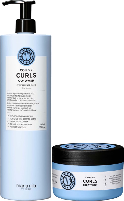 Two hair care products, a tall bottle and a smaller jar, labeled for curls, from Maria Nila.