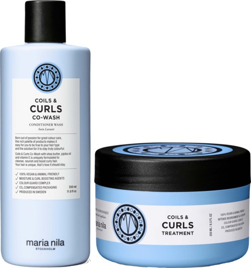 A shampoo bottle and a jar, both labeled for hair curls and treatment, with blue and black design elements.