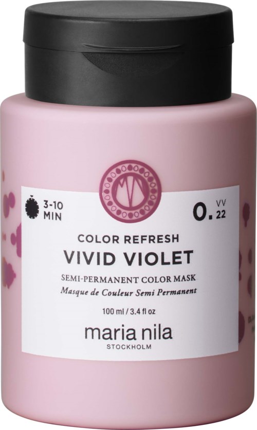 Pink bottle of semi-permanent violet hair color mask with black lid. Contains product details and brand name.