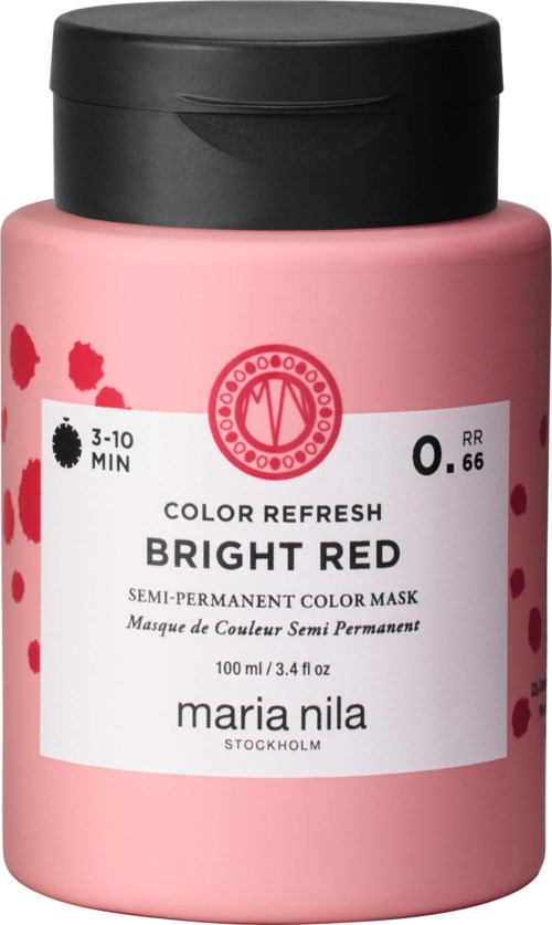 Rosa Dose mit halb permanenter roter Farbmaske von Maria Nila, schwarzer Deckel und rote Dekorationspunkte.