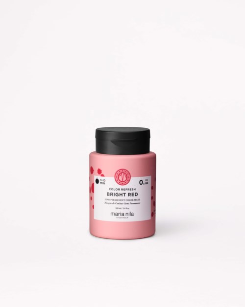 Ein kleiner rosa Behälter mit schwarzem Deckel, beschriftet mit 'bright red' und einfachem Design.