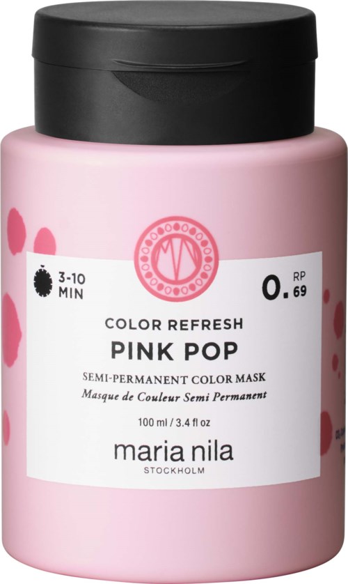 Pinkfarbener Behälter mit schwarzem Deckel, Etikett sagt Maria Nila Pink Pop semi-permanente Farbmaske.