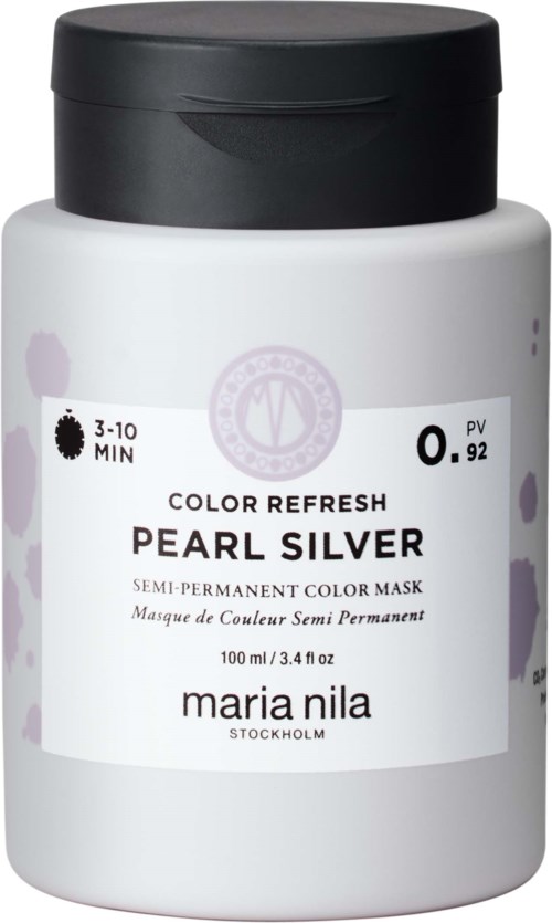 En vit flaska med svart lock för en semi-permanent hårfärgningsmask i pärlsilver.