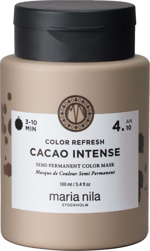 Ett beige lock med svart lock, märkt 'Color Refresh Cacao Intense' av Maria Nila, för semi-permanent hårfärg.