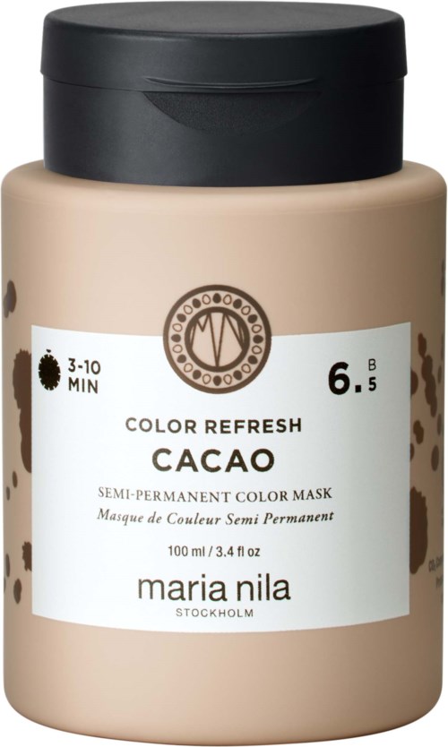 Ett beige glas med svart lock, märkt 'Maria Nila' och 'Color Refresh Cacao' för semi-permanent hårfärg.