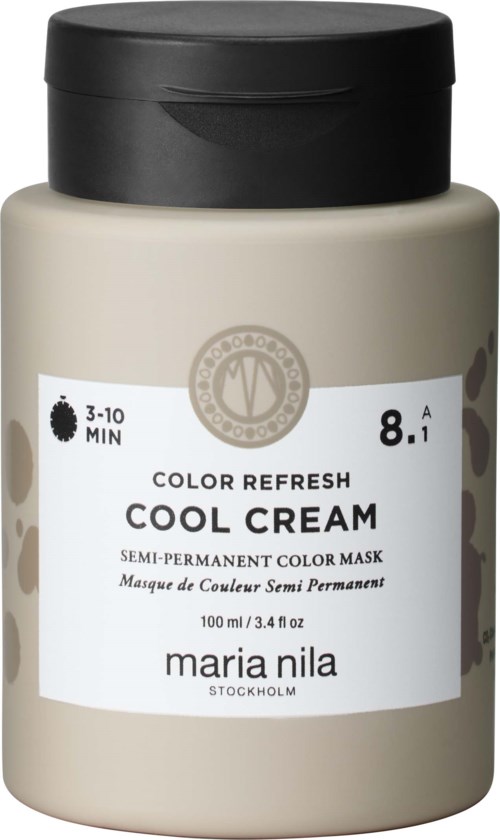 En behållare märkt 'Marie Nila Color Refresh Cool Cream' för semi-permanent hårfärg, i beige med svart lock.
