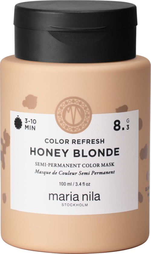 A beige bottle with black lid, labeled 'Maria Nila Honey Blonde semi-permanent color mask', for hair coloring.