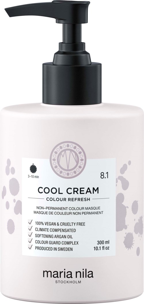 Eine weiße Flasche mit schwarzer Pumpe, beschriftet 'Cool Cream' von Maria Nila, für Haarpflege, vegan und tierversuchsfrei.