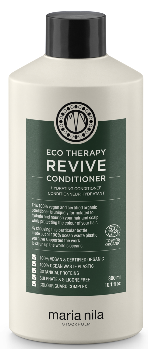 En vit flaska märkta Eco Therapy Revive Conditioner med svart lock. Innehåller 300 ml hårbalsam.
