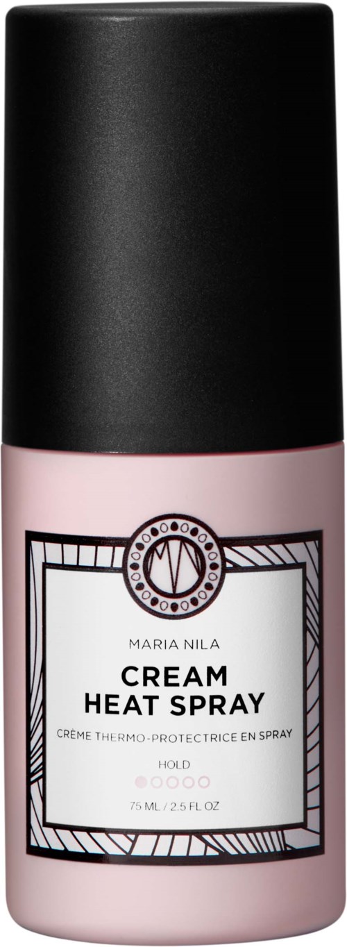 En rosa sprayflaska med svart lock märkt "Cream Heat Spray" av Maria Nila.