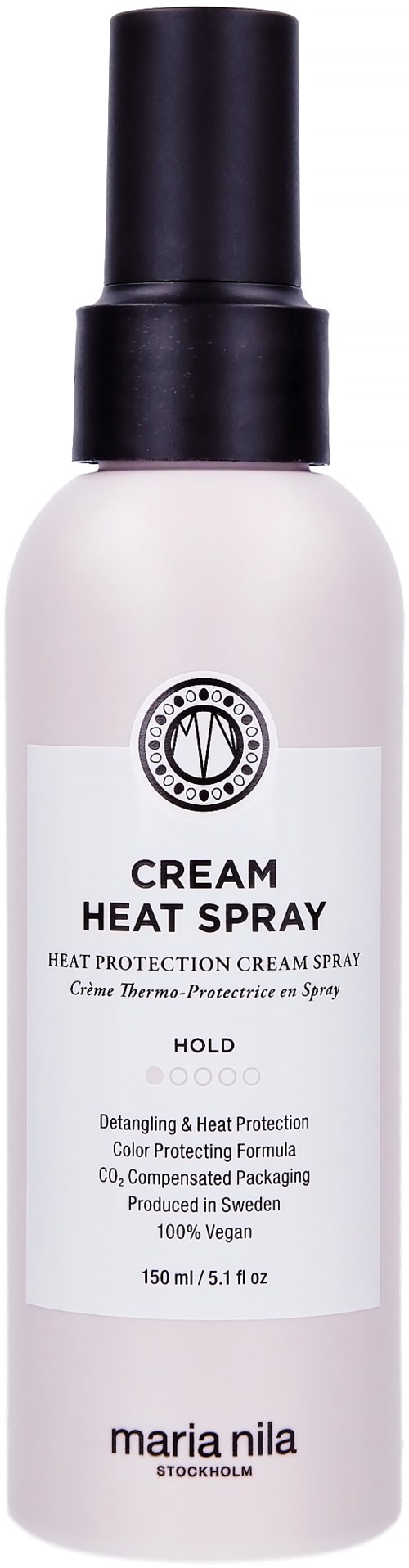 A white spray bottle with a black cap, labeled as a heat protection cream spray for hair.