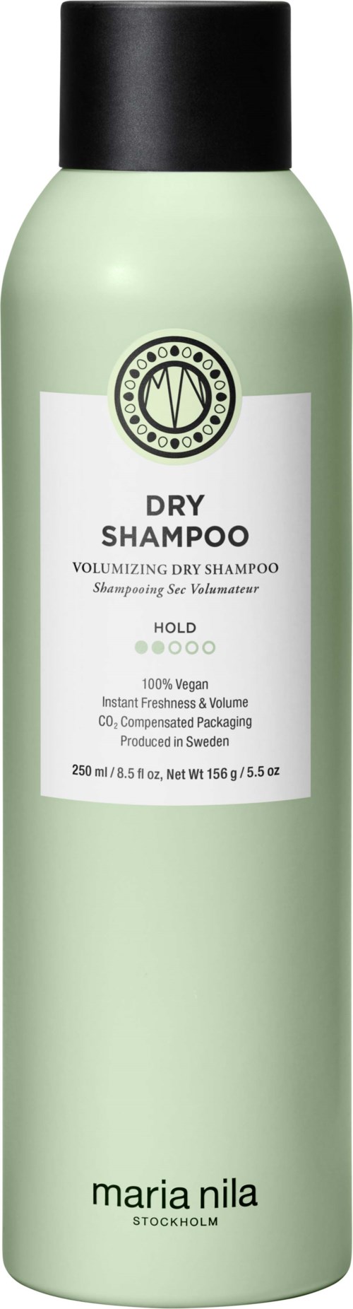 Een lichtgroene fles met een zwarte dop, gemerkt als droogshampoo door Maria Nila, 250 ml, uit Zweden.
