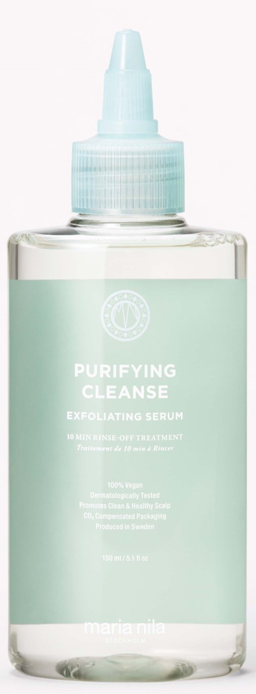 Klare Flasche mit blauer Aufschrift und Tropfer, enthält reinigendes Peeling-Serum.