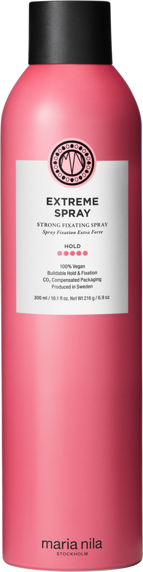 Een roze fles met zwarte dop, labeled 'Extreme Spray', gebruikt voor sterk veelzijdig haardesign.