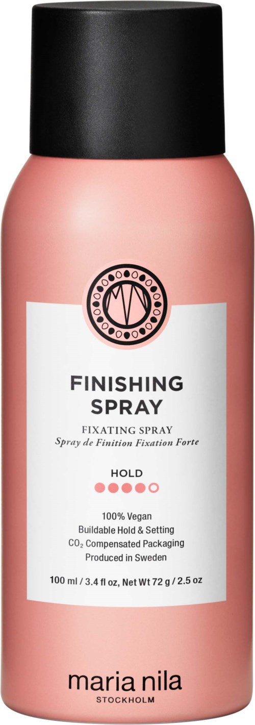 A pink bottle of Finishing Spray with a black cap, labeled as a fixing spray for hold and setting.