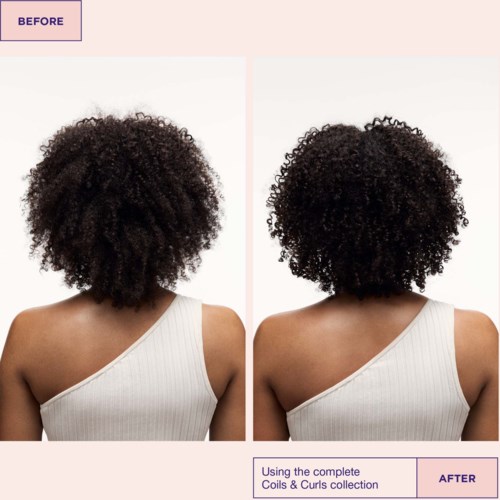 Before and after photos showing improved, more defined, and healthier curly hair appearance.
