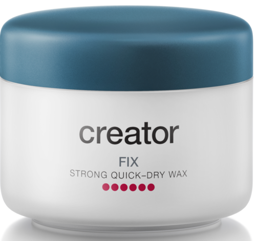 Ein weißer Behälter mit blauer Deckel, beschriftet "creator FIX STRONG QUICK-DRY WAX" mit fünf roten Punkten.