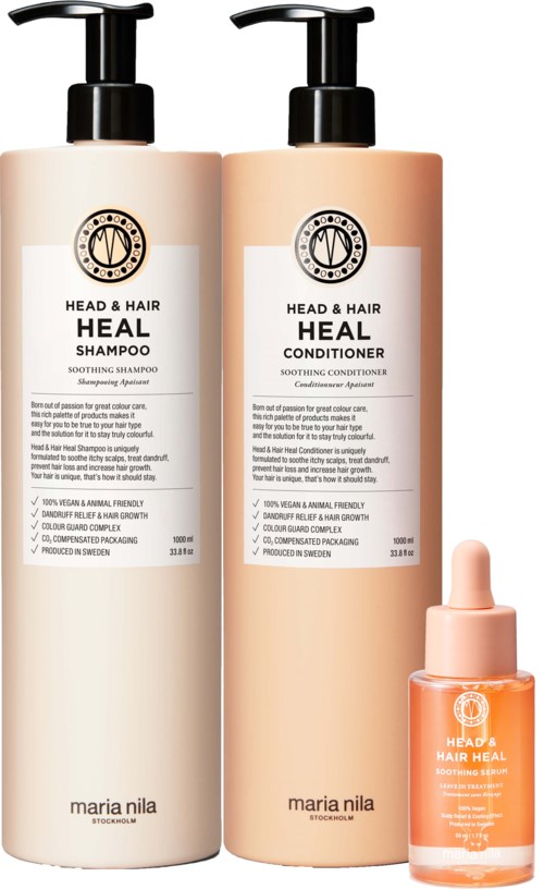 Zwei große Flaschen Shampoo und Conditioner mit Pumpspendern und eine kleine Flasche mit Pipette, alle für Haarpflege.