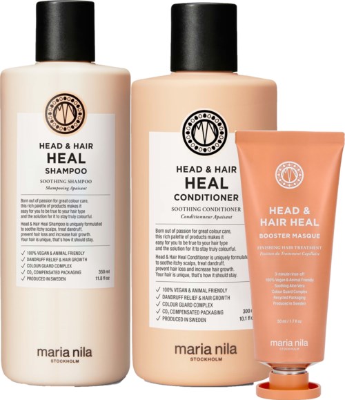 Drei Haarpflegeprodukte: Shampoo, Conditioner und Energisches Haartherapieb Booster Maske von Maria Nila.