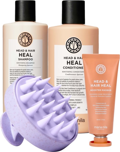 Hair care set includes shampoo, conditioner, masque, and scalp brush for soothing scalp and hair growth.