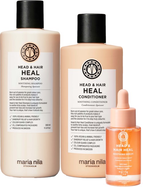 Drei Haarpflegeprodukte: Shampoo, Conditioner und Serum von Head & Hair Heal von Maria Nila.