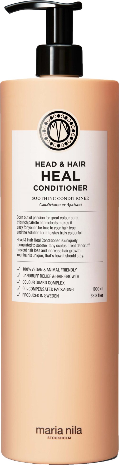 Een beige fles met een pomp en een label dat zegt 'Head & Hair Heal Conditioner'. Het is van Maria Nila.