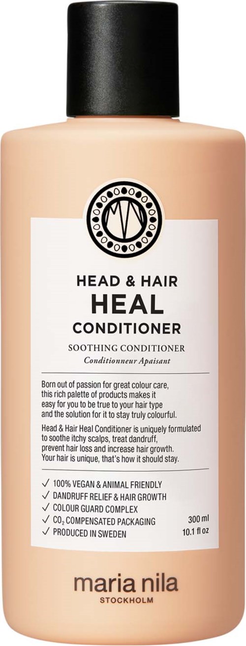 Een flesje Head & Hair Heal Conditioner van Maria Nila met een zwart deksel en witte label.