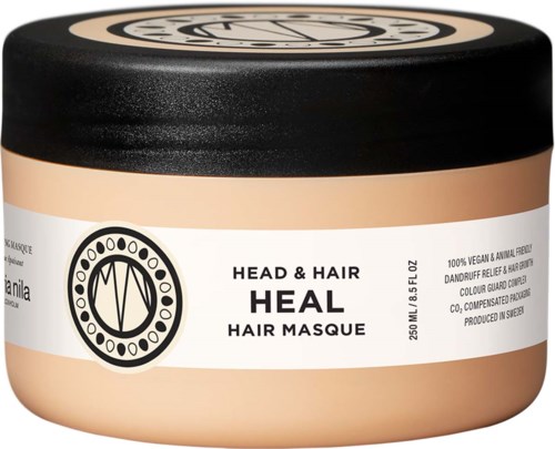 Eine Haarmaske-Dose mit schwarzem Deckel, bezeichnet als Head & Hair Heal, vegan, tierfreundlich und in Wales hergestellt.