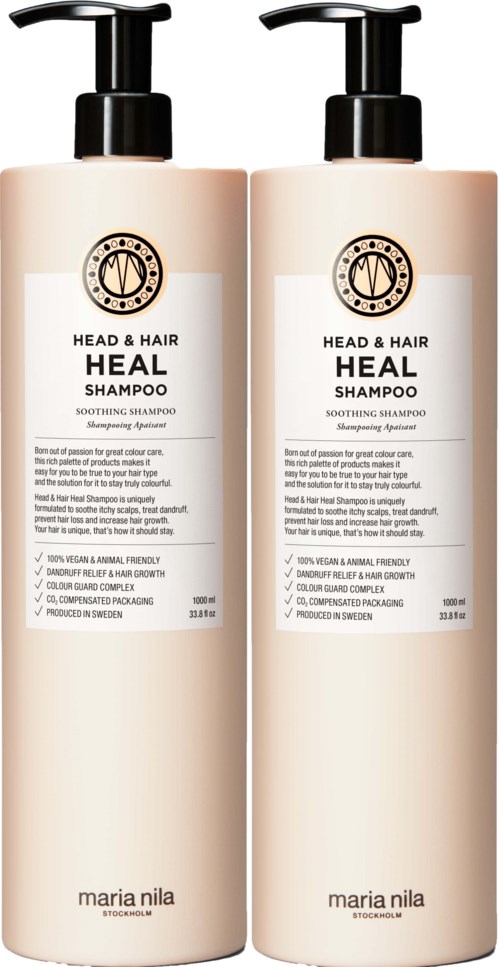 Twee flessen hoofdhuid en haar helende shampoo met pompdispenser, witte etiketten, zwarte tekst en logo.