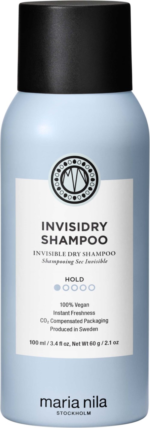 A light blue bottle of invisibility dry shampoo by Maria Nila with black cap.
