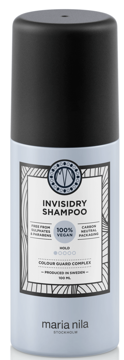 A bottle of invisibility shampoo with black cap, white body, and label showing vegan, carbon neutral, and Swedish origin.
