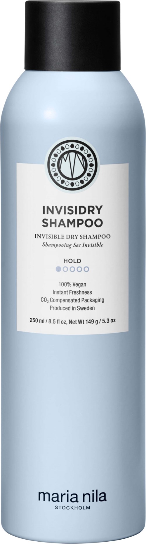 Eine hellblaue Flasche mit schwarzem Deckel, gekennzeichnet als Invisidry Shampoo von Maria Nila aus Stockholm.